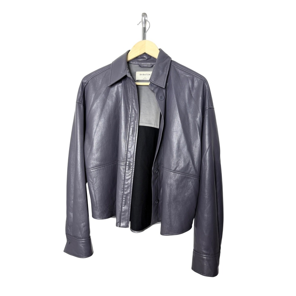 Babaton Pelli Shirt Jacket Purple Grey Vegan Leather Button Up Shacket